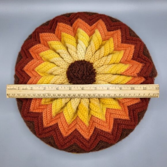 Vtg Crochet Round Granny Throw Pillow Rusty Orange Brown Yarn Ruffled Handmade - Picture 9 of 10